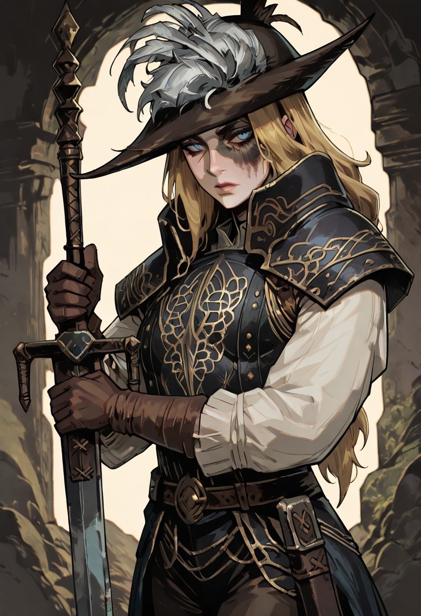 masterpiece, best quality, newest, absurdres, highres, TTCSV1.0,
1girl, DS2Luc-V1.1, blonde, armor, hat, tricorne, brown gloves, long sleeves, hat feather, blue eyes, long hair, DS2Luc-V1.1-hollowing, scar, holding, holding weapon, sword, holding sword,