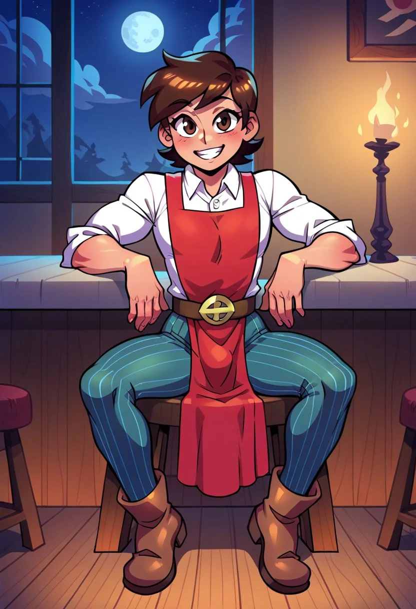Score_9, Score_8_up, Score_7_up, (absurdres), 1male, solo, Marco Diaz, (toned:1.2), skinny, (starved:1.2), brown hair, brown eyes, (femboy:1.3), perfect hands, flat colors,
Calm Expression, posing, sitting, looking at the viewer,
(Red tabard:1.3), big pinstriped pants, brown leather boots, white shirt, leather belt,
Interior, Night, moon, (Dark:1.3), (Shadows:1.3), tavern, window, table, chair, beer,
