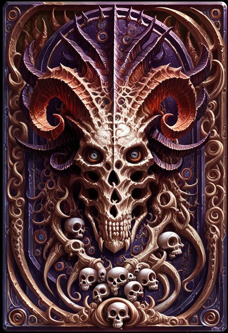 Card, Tarot, graphic border, Illustrative, Dark, porcelain, , skull, detailed, horns, ritualistic, intricate white background, geometric shapes, many eyes,
score_9, score_8_up, score_7_up,