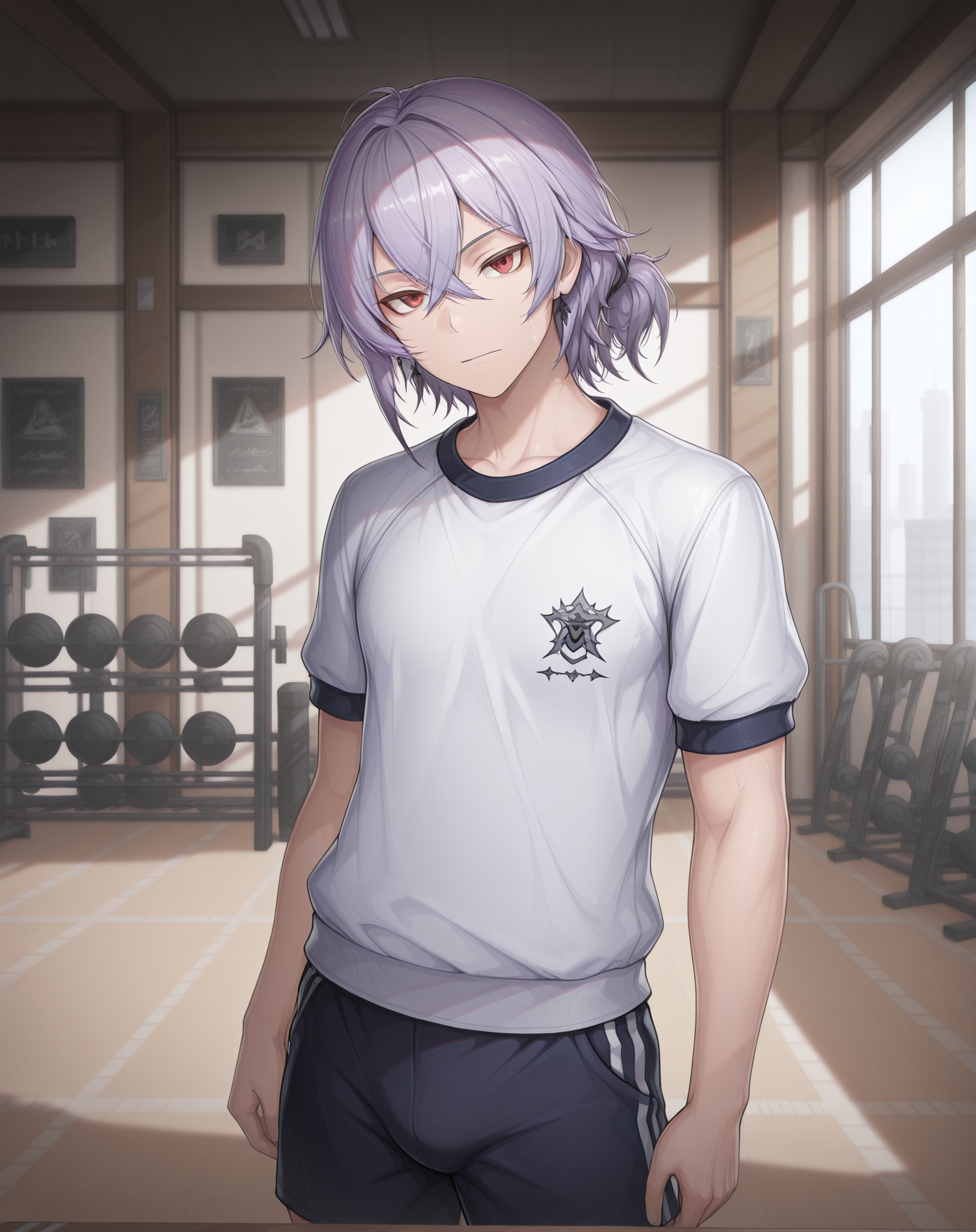 masterpiece,best quality,amazing quality, newest, very aesthetic, absurdres,
1boy, solo, yaoi, male focus, looking at viewer, cowboy shot, standing,
<lora:Asin_Dark_Dream_ilxl:1> asindarkdream, red eyes, hair between eyes, short hair, purple hair,crossed bangs,
gym uniform, gym shorts, gym shirt,
indoors, gym,