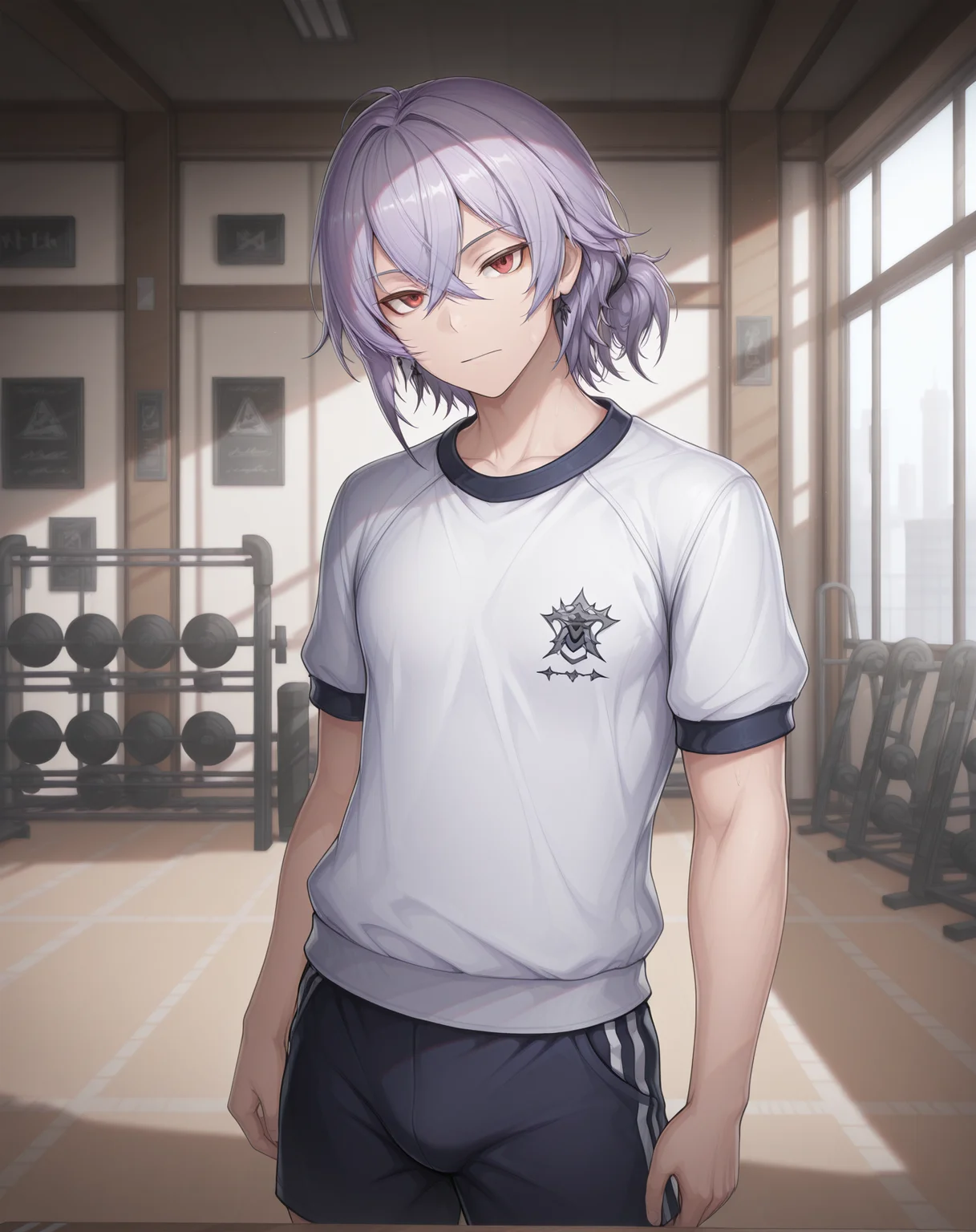 masterpiece,best quality,amazing quality, newest, very aesthetic, absurdres,
1boy, solo, yaoi, male focus, looking at viewer, cowboy shot, standing,
<lora:Asin_Dark_Dream_ilxl:1> asindarkdream, red eyes, hair between eyes, short hair, purple hair,crossed bangs,
gym uniform, gym shorts, gym shirt,
indoors, gym,