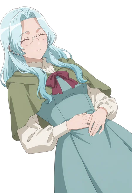Smooth Quality,masterpiece, ultra realistic,
simple background, white background,
dutch angle,^ ^,hand on own stomach,
 <lora:EvaLuria:0.8> Eva/Cnn, Sist2/Cnn, 1girl, glasses, long hair, blue hair,green capelet,glasses,