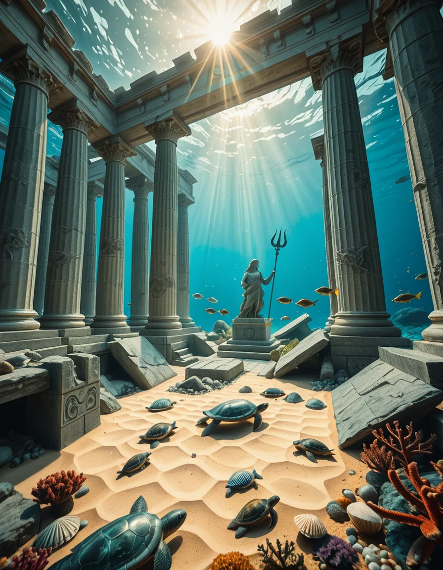 An ancient underwater Temple of Poseidon, partially buried in sand and coral at the bottom of the Aegean Sea. Massive marble columns, some broken, others still standing, encrusted with seashells and marine life. Soft sunlight filtering through the ocean surface above, casting shimmering rays over the temple ruins. Colorful fish and sea turtles swimming peacefully around. The atmosphere is mystical and serene, with a bluish-green hue dominating the scene. A statue of Poseidon with a trident stands at the center of the temple, covered in algae and marine growth. Realistic style, high detail, cinematic lighting, wide-angle view.
<lora:SDXLFaeTastic2400:0.4> <lora:extremely_detailed:0.4> extremely detailed,underwater Temple of P0s31d0n, <lora:underwater_Temple_of_P0s31d0n-i:1>, Masterpiece,best quality,hi res,8k,hi res,8k,award winning,(sharp focus, intricate, highly detailed),