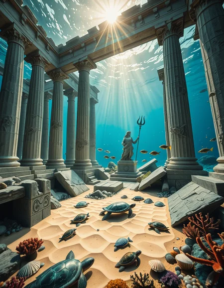 An ancient underwater Temple of Poseidon, partially buried in sand and coral at the bottom of the Aegean Sea. Massive marble columns, some broken, others still standing, encrusted with seashells and marine life. Soft sunlight filtering through the ocean surface above, casting shimmering rays over the temple ruins. Colorful fish and sea turtles swimming peacefully around. The atmosphere is mystical and serene, with a bluish-green hue dominating the scene. A statue of Poseidon with a trident stands at the center of the temple, covered in algae and marine growth. Realistic style, high detail, cinematic lighting, wide-angle view.
<lora:SDXLFaeTastic2400:0.4> <lora:extremely_detailed:0.4> extremely detailed,underwater Temple of P0s31d0n, <lora:underwater_Temple_of_P0s31d0n-i:1>, Masterpiece,best quality,hi res,8k,hi res,8k,award winning,(sharp focus, intricate, highly detailed),
