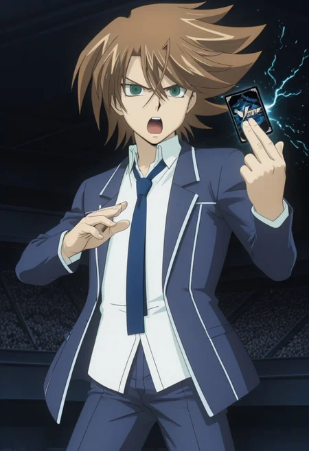 ((HD, High Quality, masterpiece, very aesthetic, absurdres, score_9, score_8_up, score_7_up, source_anime, official artstyle, anime screencap, highly detailed, perfect composition, good shading, masterpiece, best quality, absurdres, hyper-detailed, 8k resolution, amazing quality, very aesthetic, high resolution)), ((perfect anatomy, perfect eyes, perfect face)), ((handsome, attractive, cute, sexy, charming)), ((Anime, anime coloring, anime screencap)), ((1male, solo male only, one male character only, single illustration only)), ((perfect hands, perfect hands, five fingers only per hand)), ((Toshiki Kai, brown hair, spiked hair, green eyes, blue open blazer, blue necktie, white collared undershirt, untucked, blue pants)), ((tall body, tall height)), ((Cardfight!! Vanguard card, holding card, fight stance, action pose, legs apart, arm swing action)), ((tournament arena, lighting effects, sci fi effects)), shouting