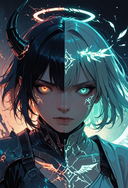 (masterpiece), (best quality), (8k), 2girls, angel and demon, intense stare-down, tension, glowing eyes, magical aura, emissive lighting effects, cinematic lighting, golden hour glow, divine vs infernal contrast, glowing halo above angel, broken or burning halo above demon, floating sparks, glowing tattoos or markings, glowing feathers vs shadowy wings, ambient light particles, symmetrical composition, high detail, soft shadows and light contrast, dramatic environment, detailed armor and flowing cloth, mystical energy in air,
