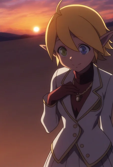 masterpiece,best quality, 1girl,aurabellaf ,blonde,short hair,heterochromia,elf ears,dark skin,epic,sunset,<lora:aurabellaf-il (6):1>