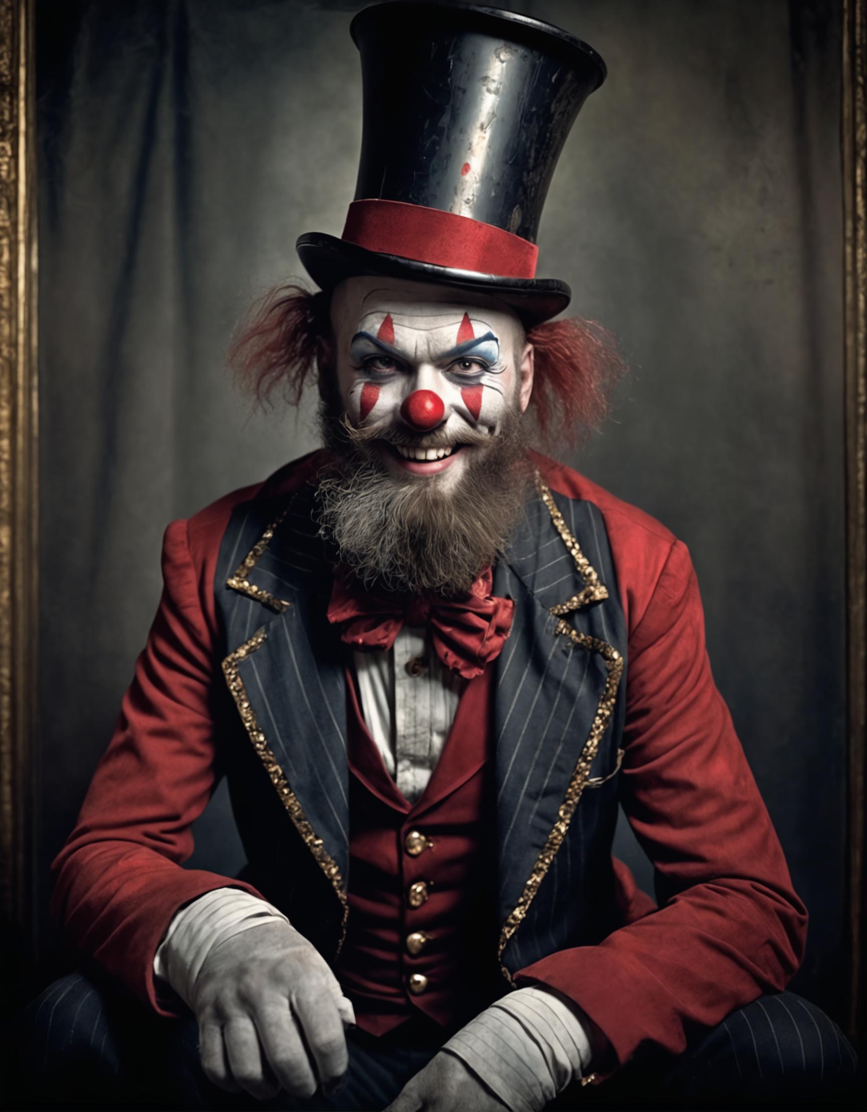 Award-winning photo, victorian freak show, metal clown, old, red circus outfit, magnificent beard,top hat, greedy smile, dark  atmosphere