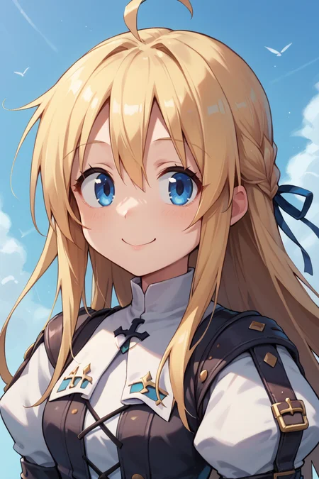 score_9, score_8_up, score_7_up, score_6_up, source_anime, BREAK, <lora:Yggdra:0.9> , yggdef, 1girl, blonde hair, long hair, blue eyes, hair ribbon, ascot, juliet sleeves, cross-laced clothes, solo, smile, happy, exterior, blue sky, ((face)), close-up, looking at viewer, <lora:backgroundsetXL:0.3> , background, <lora:Expressive_H:0.8> , expressiveh, <lora:anapijama:0.6> , anapijama,