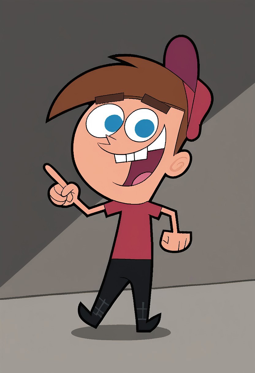 score_9, score_8_up, score_7_up, score_6_up, score_7_up,source_cartoon BREAK timmyt, 1boy,chibi, solo, smile, brown hair, blue eyes, pointing, shirt, red shirt, open mouth, pants, teeth, hat, index finger raised, BREAK  indoors,bedroom