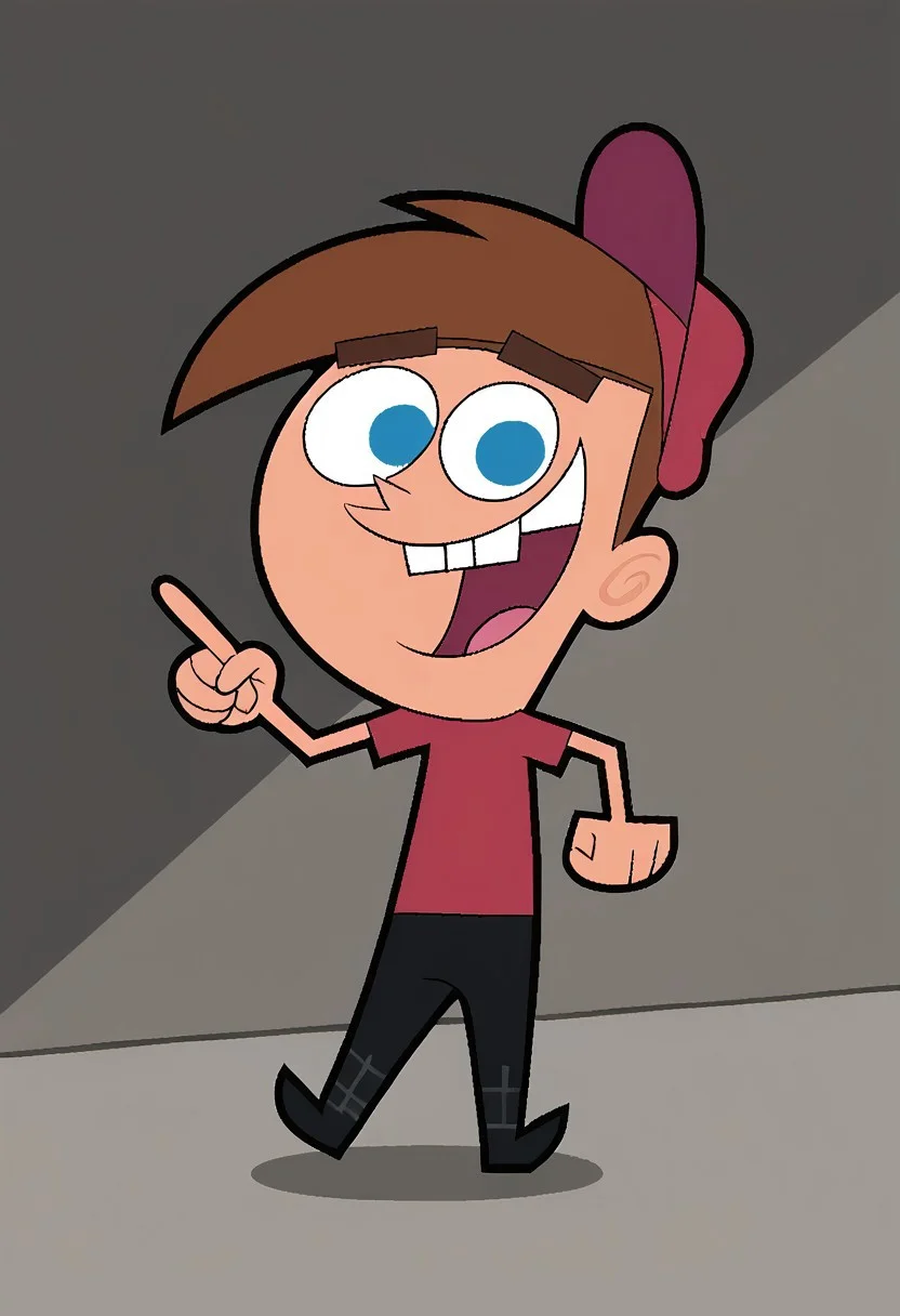 score_9, score_8_up, score_7_up, score_6_up, score_7_up,source_cartoon BREAK timmyt, 1boy,chibi, solo, smile, brown hair, blue eyes, pointing, shirt, red shirt, open mouth, pants, teeth, hat, index finger raised, BREAK indoors,bedroom