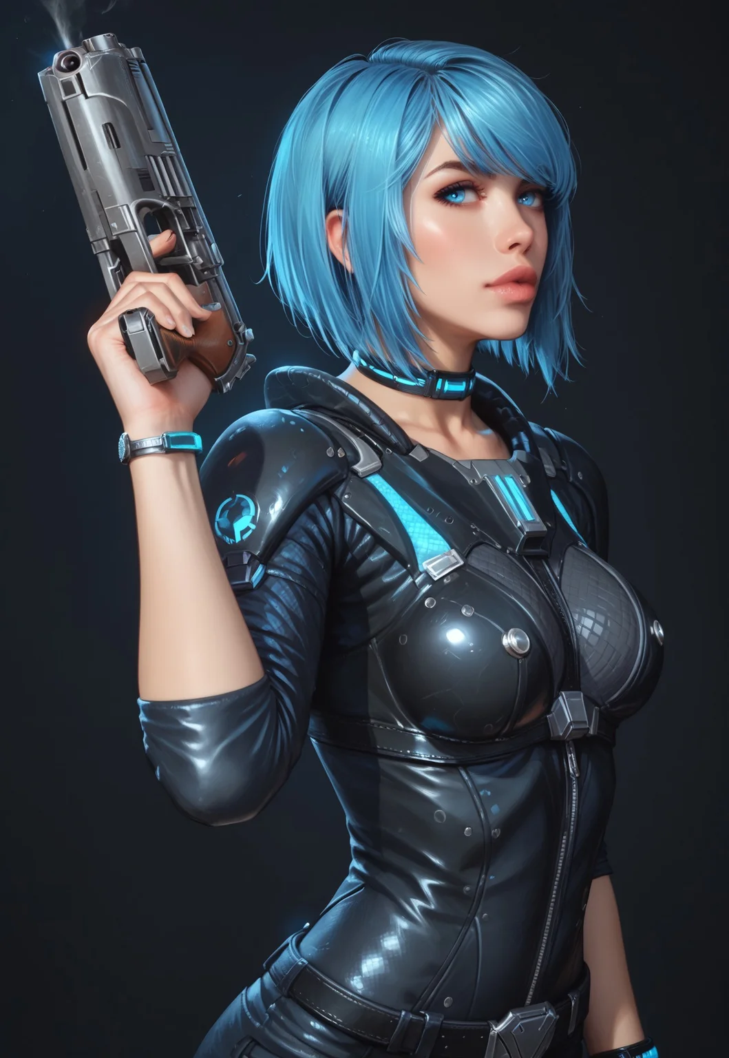 safe_pos, core_9, score_8_up, score_8, semi realistic, ultra detailed, 8k, high quality, hi res, high quality, detailed eyes, perfecteyes, detailed face, 1girl, (1girl:1.2), Nyx from Quake Champions, futuristic assassin outfit, (((pistol in hand))), pale skin, ((glowing bobcut blue hair, side bangs)), realistic, cinematic angle, cinematic lighting, athletic body, intense face, glowing blue eyes, stealthy pose
BREAK
infiltrating a high-tech corporate facility at night
BREAK
source_sci_fi_art, rating_explicit, expressive, half body, ((side view, dynamic pose))
BREAK
detailed beautiful background, futuristic architecture, neon lights, advanced security systems, holographic displays, dark shadows, tense atmosphere
(((full clothed)))