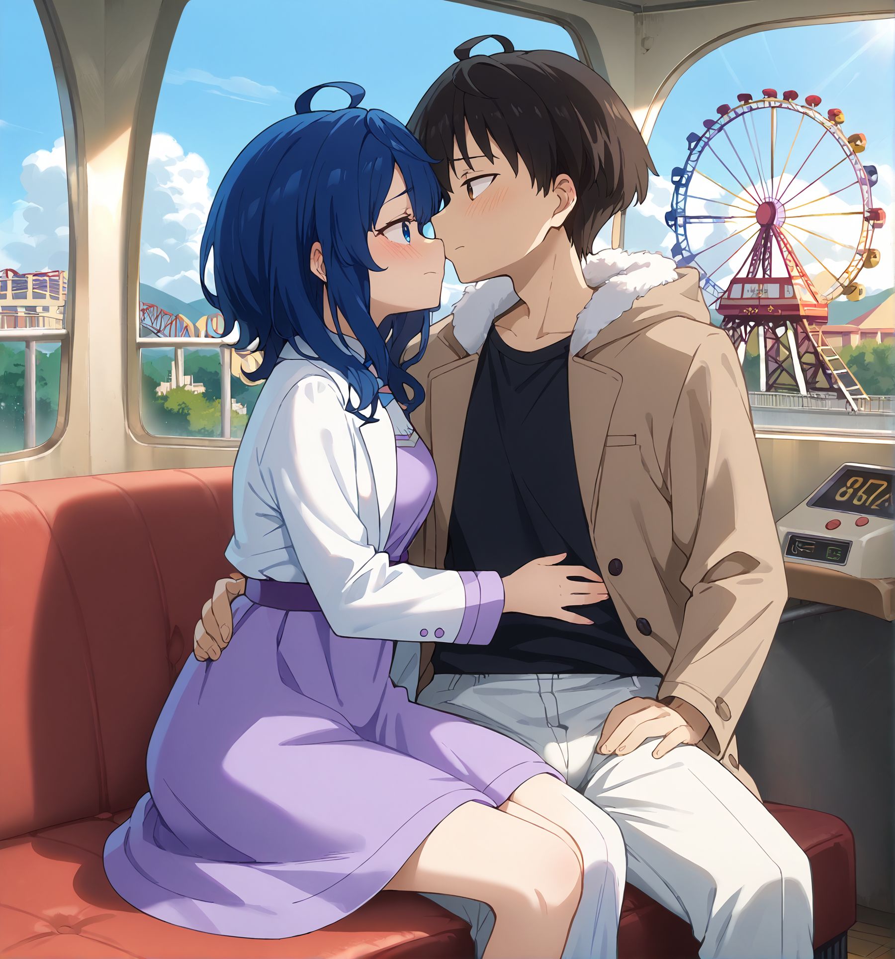 score_9,score_8_up,score_7_up,masterpiece, best quality, <lora:WHM 0.2v:0.5>, WHM, 2D,anime, 
hetero, (1boy), 1girl,  trapped together, cramped, enclosed,in Ferris Wheel room,  cuddling, bulge, window, sunlight, facing another, 
 embarrassed, sitting in Ferris Wheel,  seat,hand on hip,imminent kiss, amusement park, roller coaster, 
BREAK
hetero, (1boy), 1girl,  trapped together, cramped, enclosed,in Ferris Wheel room,  cuddling, bulge, window, sunlight, facing another, 
 embarrassed, sitting in Ferris Wheel,  seat,hand on hip,imminent kiss, amusement park, roller coaster, 
1girl, <lora:anna_yanami_anime_v7-soralz:0.6>, anna yanami, blue hair, medium hair, ahoge, blue eyes, white coat, long sleeves, purple dress,open jacket, 
BREAK
hetero, (1boy), 1girl,  trapped together, cramped, enclosed,in Ferris Wheel room,  cuddling, bulge, window, sunlight, facing another, 
 embarrassed, sitting in Ferris Wheel,  seat,hand on hip,imminent kiss, amusement park, roller coaster, 
<lora:kazuhiko_nukumizu_anime_v2-soralz:0.6>, kazuhiko nukumizu, short hair, black hair, ahoge, brown eyes, winter coat, hood down, draw strings, brown coat, fur trim, black shirt,long pants,