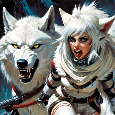Photorealistic art of a wolf girl dressed in adventuring gear with a white wolf in the background, wisosdxl, wolf, snarl, snarling, ears back, ears forward, intense gaze, tongue out, black, white, basilwolverton style, grotesque, spaghetti hair, bulging eyes, skin folds, veins, large teeth, bloodshot eyes, mad-stpk-ggls, mad-stpk-flcp, mad-stpk-ht, mad-mecharm, John Berkey Style page, KIRIGAMI page, linquivera, liiv1, g1g3r