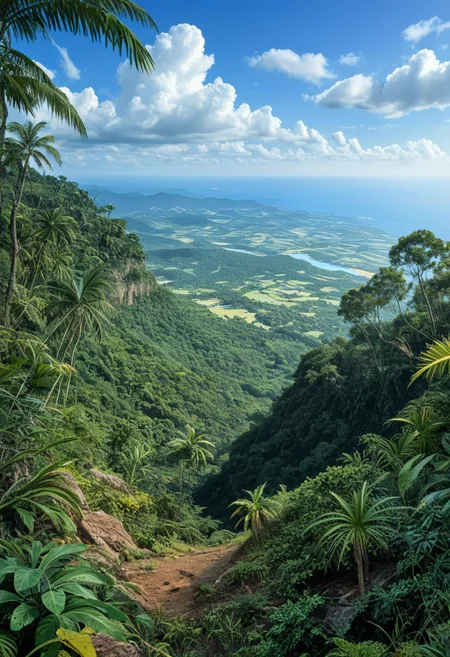 a vibrant colorful photo of a tropic landscape, Brazilian landscape, tropic
 outdoors, tropic landscape, hot, wet, jungle, Location , Scenery , Cloud