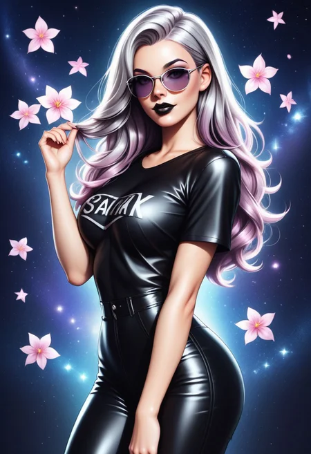 score_8, score_7_up, score_6_up, score_5_up, score_4_up, score_3_up, whimsical ultra realistic hyper detailed caricature of a boujee girl with silver, pink, lavender, and silver streaked messy long hair, wearing very lightly tinted lavender sunglasses, being able to see her eyes through the tinted lenses, black lipstick, black leather jacket, black t-shirt, black leather pants, looking at the viewer,  starry night background