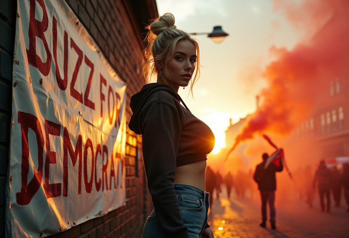 A candid photography with a close perspective on A dramatic 2025 pro-democracy demonstration scene, in the center a busty blonde women with a hipster bun, wearing a tight with hoodie, a tight jeans, black tunnel ear rings, the women is standing next visible large banner pinned to a house wall with bold hand-painted text: "BUZZ FOR DEMOCRACY," , the setting is a german city square with colorful smoke in the air, and a low golden sunset casting fiery light, , the atmosphere is intense with deep shadows and glowing tones, her body angled seductively while looking into the camera, cinematic lighting, detailed textures, and a vintage revolutionary aesthetic, , the photo is candid, with an authentic analog texture, including subtle film grain, light leaks, and a slightly muted color palette.