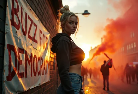 A candid photography with a close perspective on A dramatic 2025 pro-democracy demonstration scene, in the center a busty blonde women with a hipster bun, wearing a tight with hoodie, a tight jeans, black tunnel ear rings, the women is standing next visible large banner pinned to a house wall with bold hand-painted text: "BUZZ FOR DEMOCRACY," , the setting is a german city square with colorful smoke in the air, and a low golden sunset casting fiery light, , the atmosphere is intense with deep shadows and glowing tones, her body angled seductively while looking into the camera, cinematic lighting, detailed textures, and a vintage revolutionary aesthetic, , the photo is candid, with an authentic analog texture, including subtle film grain, light leaks, and a slightly muted color palette.