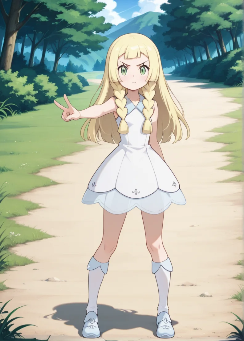 masterpiece, best quality, amazing quality, very aesthetic, absurdres, newest, detailed background, cowboy shot, outdoors, looking at viewer, official style,
lilliexd, 1girl, blonde hair, solo, long hair, dress, braid, green eyes, white dress, twin braids, parody, frown, sleeveless, socks, sleeveless dress, closed mouth, standing, v-shaped eyebrows, >:(, full body, kneehighs, white socks, collared dress, bare arms, outstretched arm, shoes
<lora:Lillie_-_Pokemon_Illustrious:1>