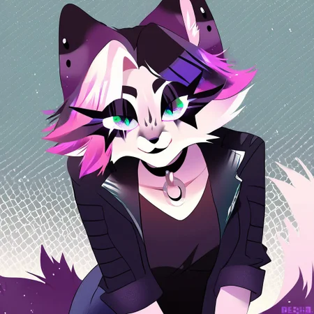digital_media_(artwork) hi_res, score_9, score_8_up, score_7_up, score_6_up, score_5_up, score_4_up, rating_safe, beautiful, intricate, high quality details, highly detailed, amazing quality, anthro, furry, no humans, furry female, detailed textured fur, fur tufts, fluffy, cute, cute face, small, detailed sexy eyes, solo, SFW, ocelot, expressive, sassy, multicolored hair, streaked hair, absurdres, highres, shirt, denim pants, leather jacket, choker, clothed slim, clothed slender, clothed skinny, goth, heavy eyeliner, heavy eye shadow, breasts, vivid colors, Dexechiistyle