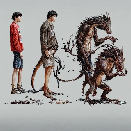 Realistic, score_9, score_8_up, score_7_up, darwintheory, man evolving, 5 stage evolution, on a flat white background, a dragon turning into a man , darwintheory, in the style of anime <lora:evolutionPonyXL:1> , darwintheory, animal evolving, anime style