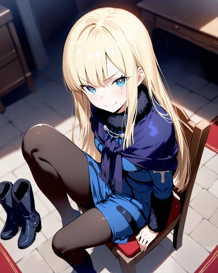 1girl,
ReinesElMelloiArchisorteFateGrandOrder,
safe, solo, perspective, dutch angle, from above,
long hair, blonde hair, blue eyes,
looking at viewer, v-shaped eyebrows, smile,
fur collar, blue capelet,
blue jacket, breasts,
leg up, unworn boots,
long sleeves, fur-trimmed sleeves,
blue dress,
black pantyhose,
ankle boots,
sitting, chair, boots,
medieval, room,
depth of field,
<lora:kp_ReinesElMelloiArchisorteFateGrandAnimagineXL_v1_0:1.0>,
masterpiece, high score, great score, absurdres