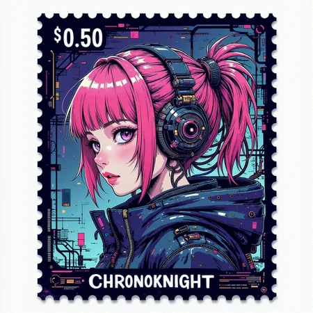 <lora:ck-postage-stamps-000013:1>, a_ck_postage_stamp_craft, a postage stamp featuring a cyberpunk girl with pink hair, titled "NEUROCORE" in large text at the top. A "$0,50" text is located in the top left corner. The stamp is rectangular. The text "CHRONOKNIGHT" is printed at the bottom.
<lora:ck-nc-pastel-cyberpunk:1>