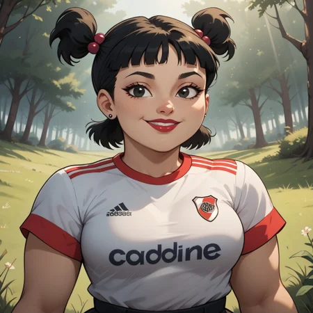 score_9, score_8, BREAK, solo, black hair, plump, lipstick, makeup, hair bobbles, earrings, hair ornament, twintails, black eyes, RiverPlate, striped shirt, striped, shirt, white shirt, short sleeves, clothes writing, sportswear, soccer uniform,, short twintails, jewelry, striped shirt, big breasts, total drama, Sadie_(Total_Drama), cute, sexy pose, self portrait, smile, outdoors, sunlight, shadows, evening lighting, natural lighting, forest, trees, grass, orange sky, sunset