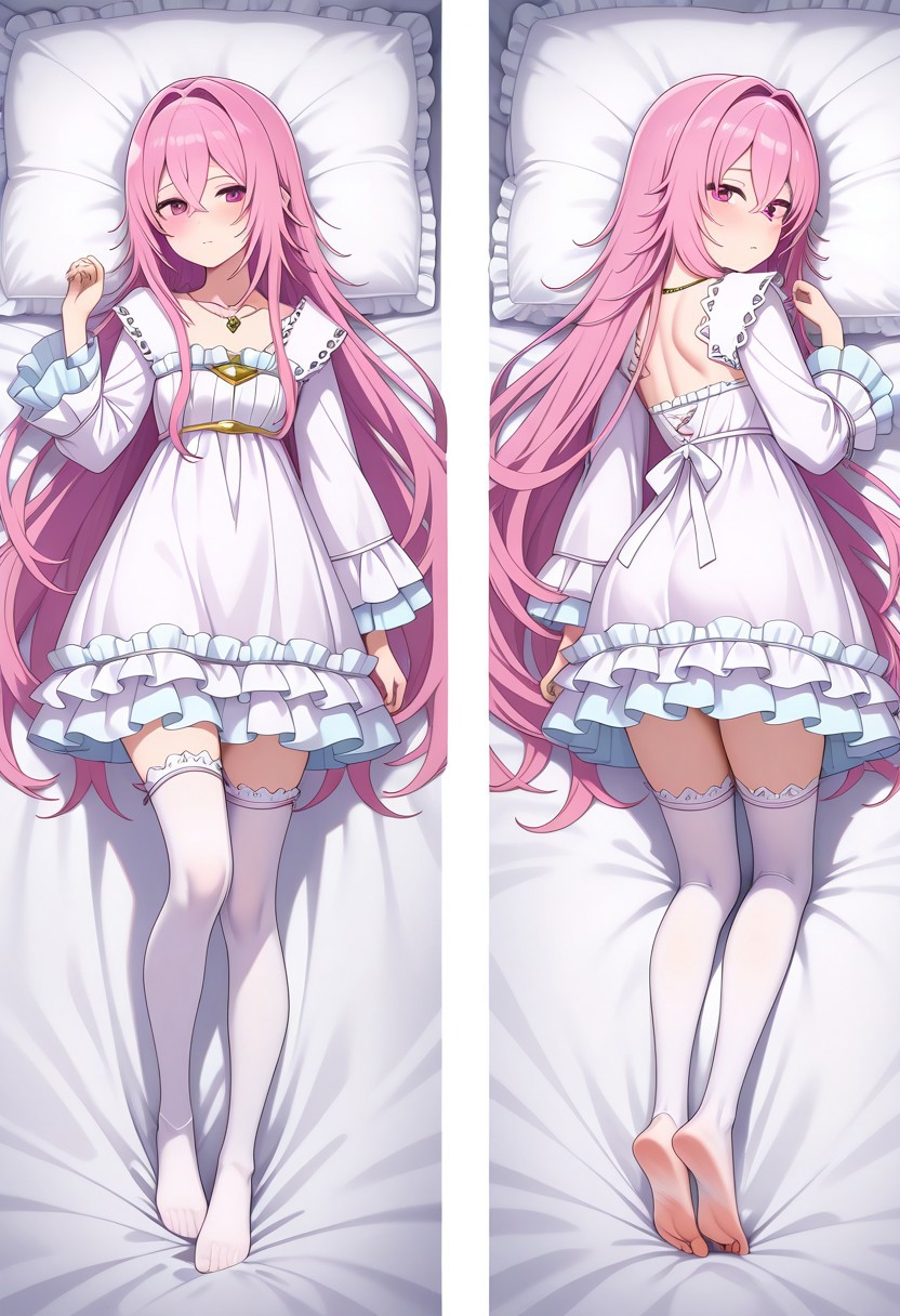 masterpiece,best quality,amazing quality,very aesthetic,absurdres,newest, huge filesize,
<lora:spo_sdxl_10ep_4k-data_lora_webui:0.5>,
<lora:add-detail-xl:1>
<lora:Dakimakura_IL_v1:1> dakimakura,  front view, back view,full body, looking back, 
BREAK
aishia, very_long_hair, pink_hair, hair_between_eyes, hair_intakes, purple_eyes, pink_eyes, frilled_dress, long_sleeves, frills, by_nekoi_(nekoi_0116), flat_chest, jewelry, toes, 1girl, feet, thighhighs, necklace, backless_outfit, soles, looking_back, solo, looking_at_viewer,exhausted, dakimakura
