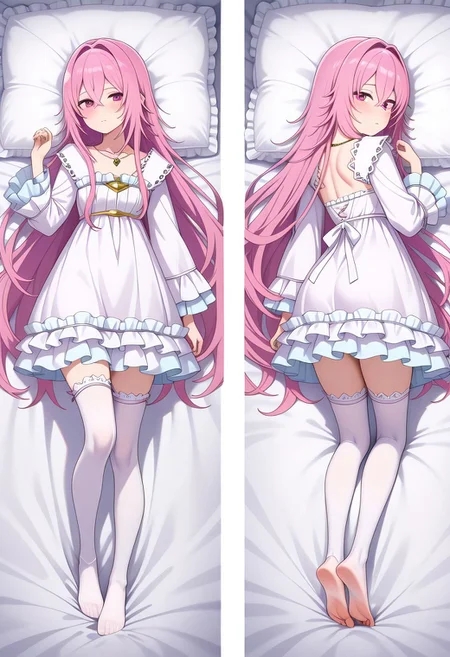 masterpiece,best quality,amazing quality,very aesthetic,absurdres,newest, huge filesize,
<lora:spo_sdxl_10ep_4k-data_lora_webui:0.5>,
<lora:add-detail-xl:1>
<lora:Dakimakura_IL_v1:1> dakimakura, front view, back view,full body, looking back,
BREAK
aishia, very_long_hair, pink_hair, hair_between_eyes, hair_intakes, purple_eyes, pink_eyes, frilled_dress, long_sleeves, frills, by_nekoi_(nekoi_0116), flat_chest, jewelry, toes, 1girl, feet, thighhighs, necklace, backless_outfit, soles, looking_back, solo, looking_at_viewer,exhausted, dakimakura