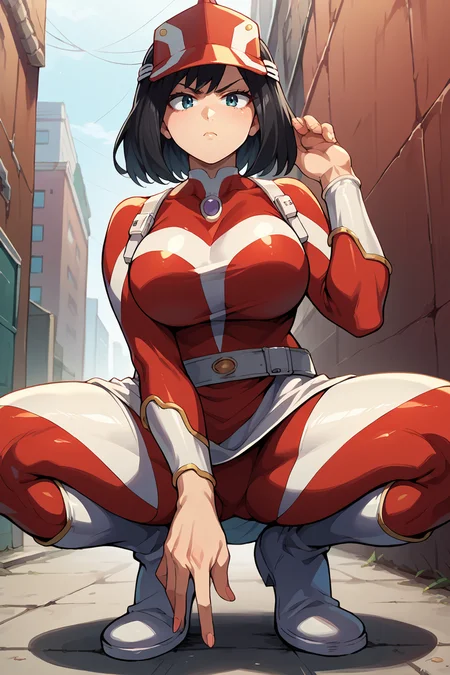 score_9, score_8_up, score_7_up, score_6_up, source_anime BREAK 1girl, solo <lora:kodaiyui-pdxl-nvwls-v1-000005:1> kodaiyui, black hair, visor cap, red and white bodysuit, long sleeves, belt, white skirt, white boots, big breasts, crouching, white boots, looking at you, serious, city, alleyway