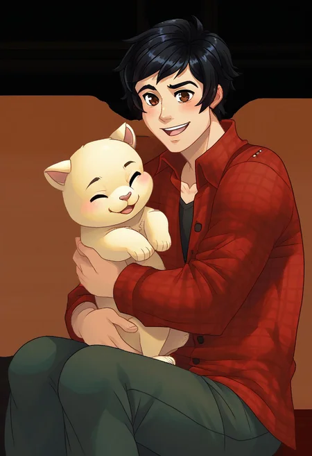 1BOY, SOLO, (garret, male, SFW, human, date, blush blush uncut, smile, 1boy, shirt, male focus, black hair, plaid shirt, pants, closed eyes, brown eyes, sitting, open mouth, holding, plaid, animal on shoulder, short hair, red shirt, blush, simple background, transparent background, crossover)