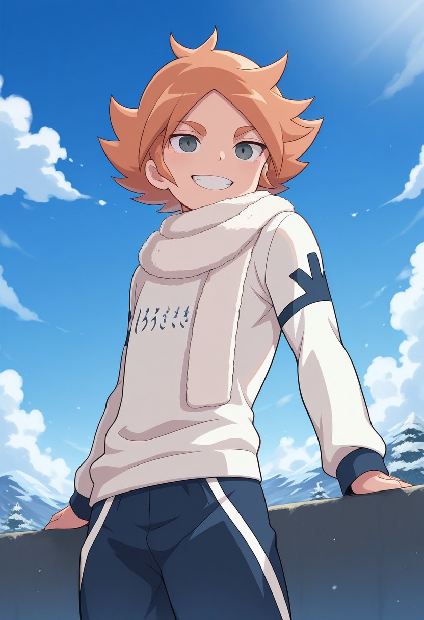 masterpiece,best quality,amazing quality, source_anime, 
FubukiAtsuya, 1boy, male focus, solo, grey eyes, orange hair, scarf, white scarf, alpine soccer unifor, shirt, white shirt, smile, grin,
outdoor, sky, day, clouds,