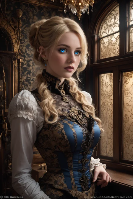 Photorealistic woman, early 30s, blonde hair, blue eyes, thick lips, curvaceous body, refined steampunk attire blending into the Victorian room, no hat, subtle mechanical accessories, realistic lighting effects, intricate details, high contrast, atmospheric Victorian interior, high detail