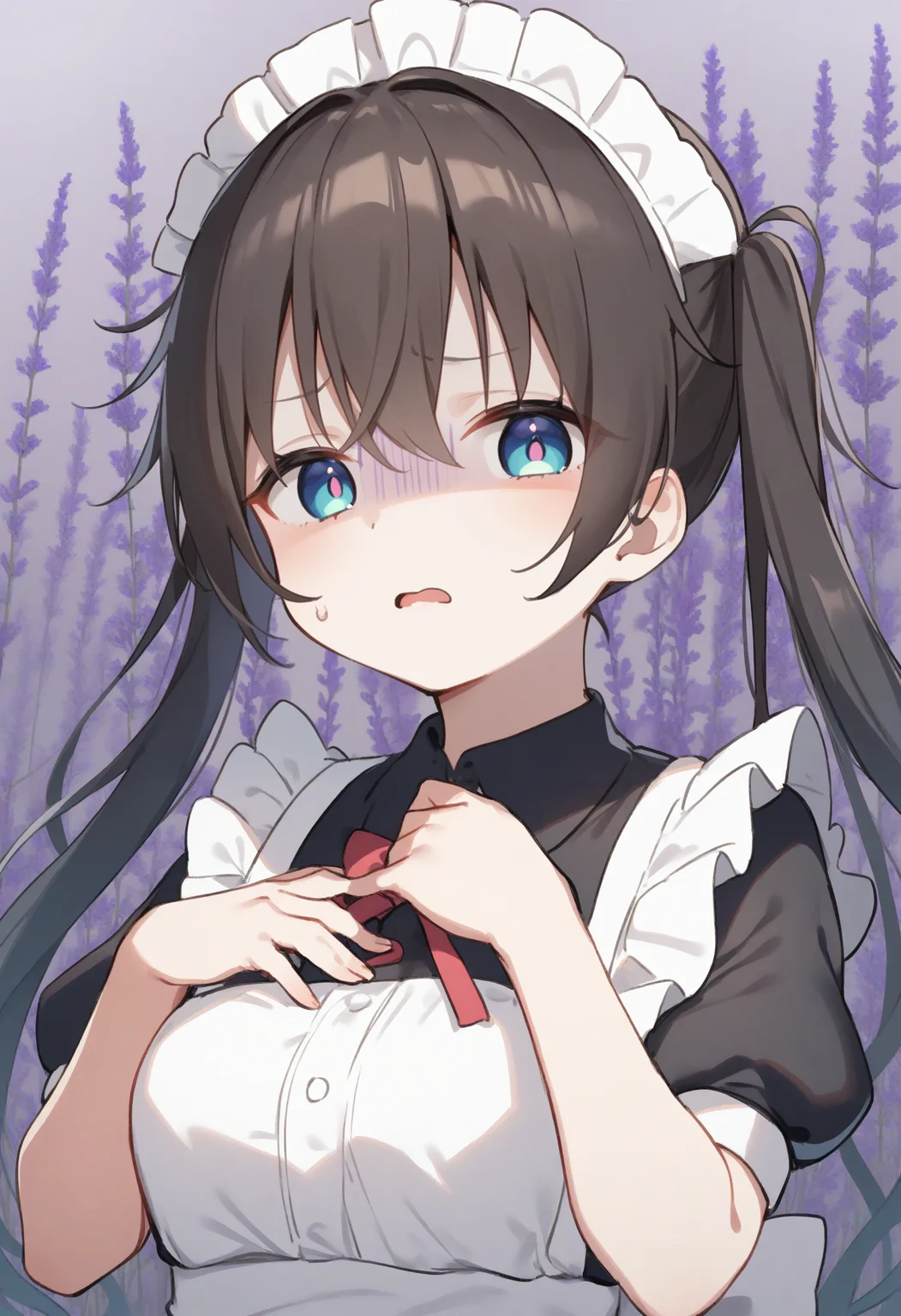 1girl,sincos, ningen mame, toosaka asagi,solo,medium breasts,20yo,maid,maid headdress,
donbiki,<lora:donbiki_XL_v1:0.7>
open mouth, sweatdrop, looking at viewer, shaded face, hand on own chest, turn pale, jitome, disgust, gloom (expression), d:, frown, empty eyes, no pupils,
from behind, upper body, silver hair, pink eyes, lavender field, quad tails hair,,
best quality, very aesthetic, absurdres