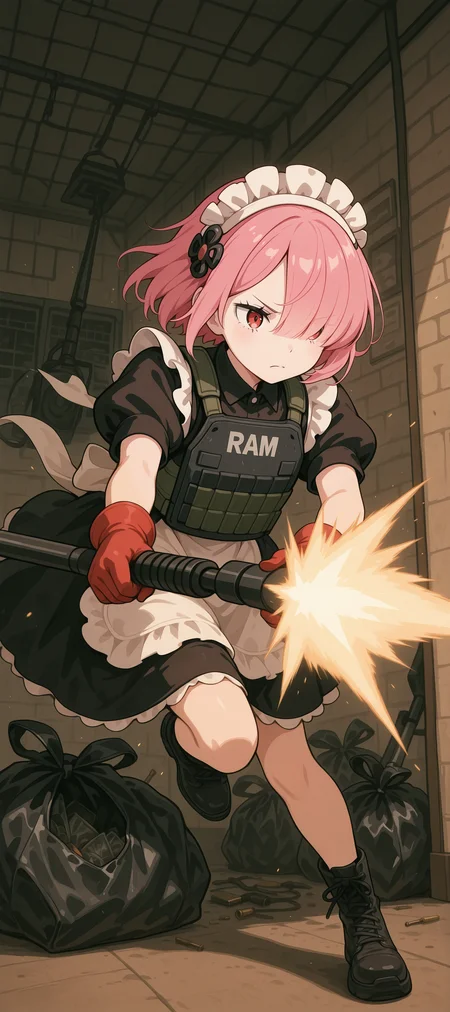 texture masterpiece, best quality, 1girl, ram\(re:zero\), maid dress, hair ornament, red eyes, pink hair, hair over one eye, dynamic pose,  <lora:firing_ar-15_money_duffle_bag_blue_gloves:0.8> firing vacuum cleaner, garbage bag, red gloves, <lora:bulletproof_vest:0.4> bulletproof vest