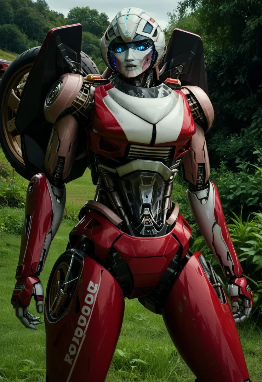 score_9, score_8_up, score_7_up, screencap, detailed eyes, ArceeROTB, autobot, 1girl, solo, red and white body, mechanical parts, robot, helmet-like head, robotic face, glowing blue optics, wheels on back, ducati printed on right leg, autobot forehead symbol, fairing-like chest, blue eyes, narrow waist, unique pose, sunny
