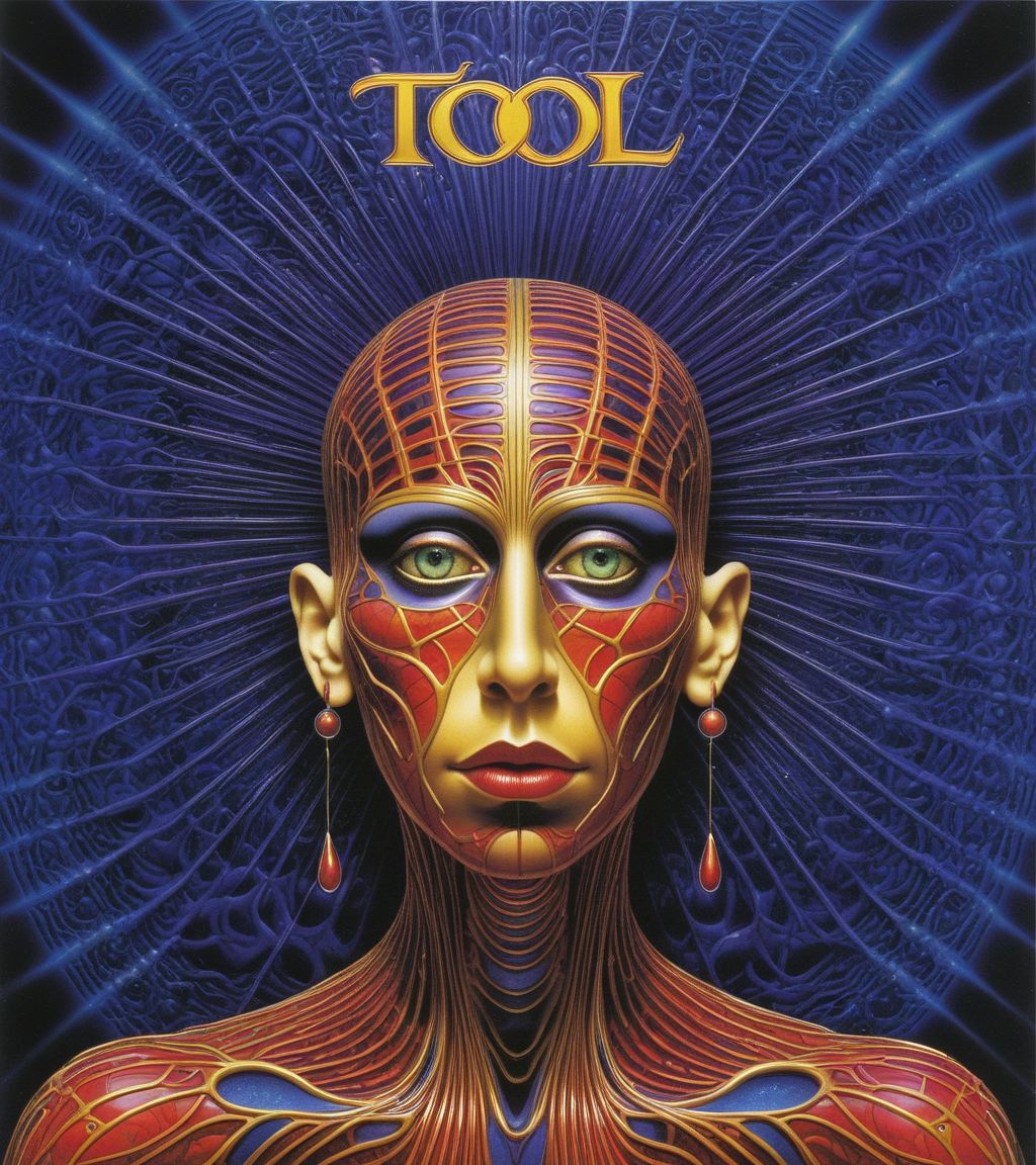 Tool Metal album cover, style by Alex Gray, (write text: "TOOL")