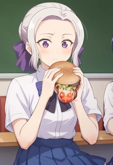score_9, score_8_up, score_7_up, score_6_up, score_5_up, score_4_up, detailed eyes, detailed skin, source_anime, BREAK, <lora:shino-kiryuu-s2-ponyxl-lora-nochekaiser:1>, shino kiryuu, purple eyes, white hair, hair bow, purple ribbon,, skirt, shirt, bow, school uniform, white shirt, short sleeves, pleated skirt, bowtie, blue skirt, BREAK, indoors, restaurant, burger, sitting, eatung burger, burger malfunction,