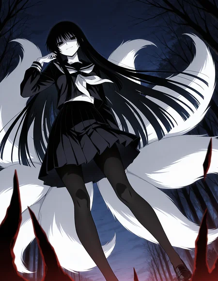 hagoromogitsune,monochorome girl,black eyes,shaded face,empty eyes,black hair,pale skin, white skin,very long hair, ,1girl,smile,looking at viewer,school uniform,black serafuku,black pantyhose,black lofers,black shoes,fox tail,multiple white tails,from below,masterpiece,best quality,amazing quality, <lora:hagoromogitsune-ILXL:0.8>