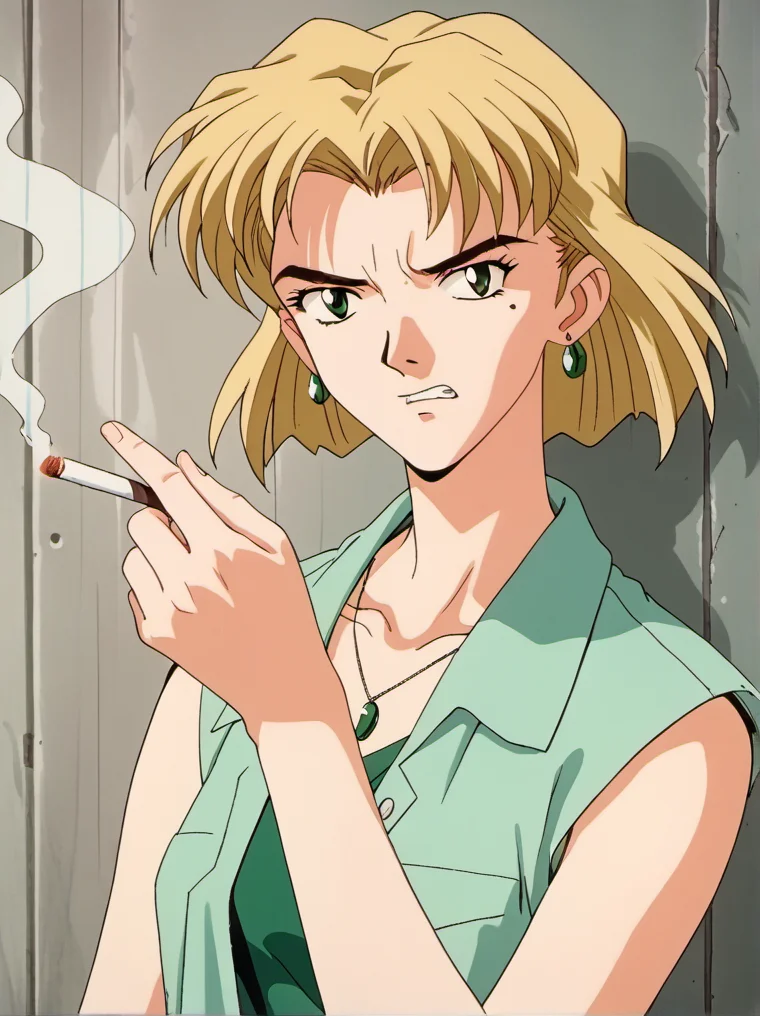 1girl, solo, rits3, blonde hair, short hair, green eyes, green shirt, jeans, annoyed, clenched teeth, mole under right eye, mole, jewellery, earrings, smoking, cigarette, young, [[full body]], rainy day, retro artstyle, <lora:rits3:1>,