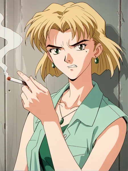 1girl, solo, rits3, blonde hair, short hair, green eyes, green shirt, jeans, annoyed, clenched teeth, mole under right eye, mole, jewellery, earrings, smoking, cigarette, young, [[full body]], rainy day, retro artstyle, <lora:rits3:1>,