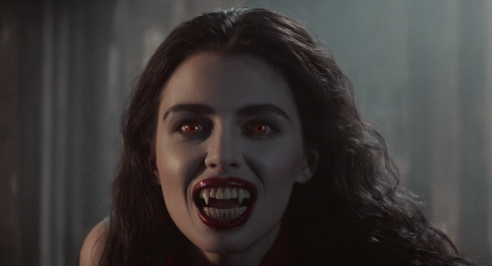 Dark Fantasy Art of (Cinematic Film stock footage style) in (arri alexa style) (Kodak film print style), hyperrealism
 <lora:Vampire-000003:1>
a vampire woman with vampire's fangs teeth with a smile on her face vampire style, dark, moody, dark fantasy style