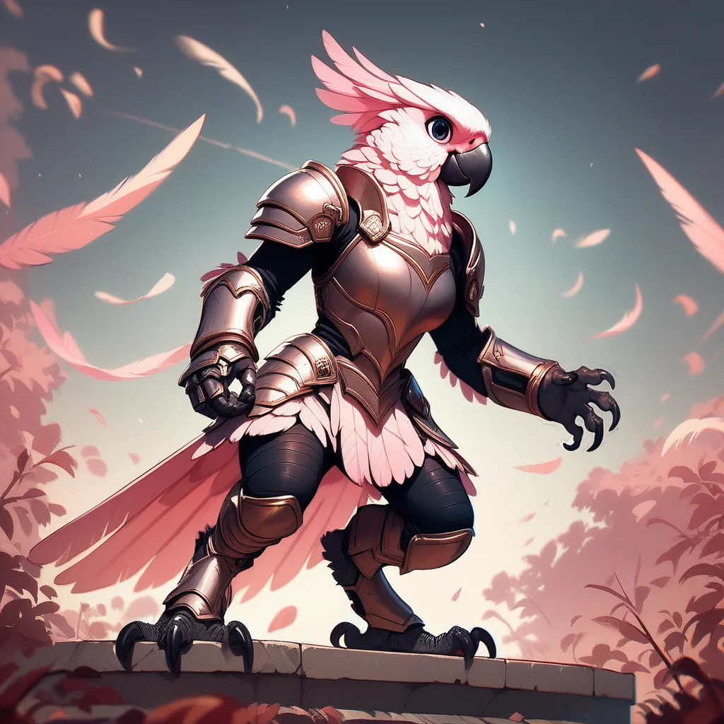 score_9, score_8_up, score_7_up, score_6_up,fscore_9, score_8_up, score_7_up, source_furry, feathers, claws, furry female, body feathers, cockatoo,valkyrie, black bodysuit, armor, gauntlets, greaves, pink breastplate, grey armored skirt, armored dress, pink hues, outdoors, action pose,  detailed, <lora:Anthro_birds_for_pony_-_2:0.9>