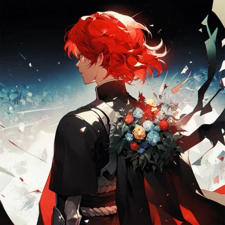 score_9,score_8_up,score_7_up,score_6_up,source anime BREAK, <lora:Kenva:1.0>, knva, halftone effect, absurdres,1boy, muscular, red hair, crystal hair, japanese armor, amputee, gem, serious, cowboy shot, damaged, broken, japanese clothes, long sleeves, kimono, wings, armor, cloak, <lora:houseki_no_kuni_artworks-000014:0.9>