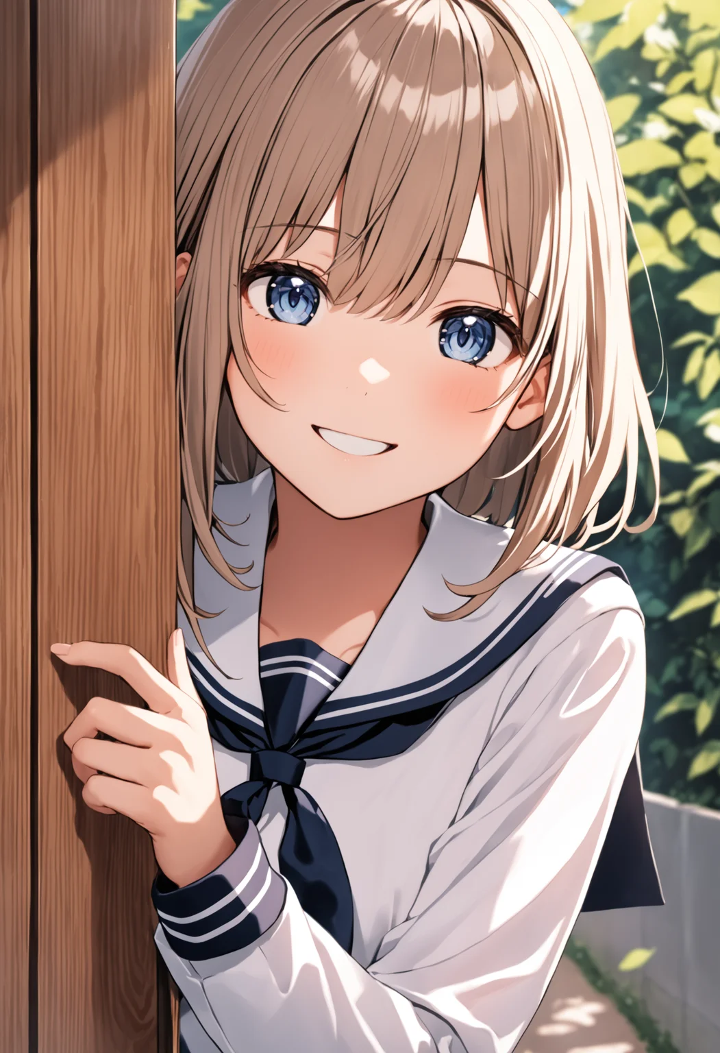 masterpiece, best quality, highres, 1girl peeking out upper body, serafuku, school uniform, pleated skirt, smile
<lora:peeking_out_ponyxl:1>