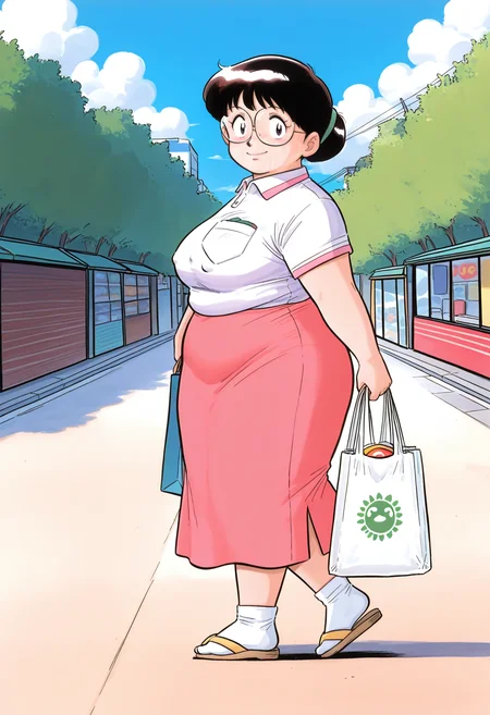best hands, 5 fingers <lora:shina chara_IL1.2:0.8> retro artstyle, from behind, looking back,
shina chara, shina_style, solo, 1girl, Friends Mom, mature female, looking at viewer, smile, single hair bun, glasses, black eyes, closed mouth,
plump, medium breasts, covered nipples,
collared polo shirt, short sleeves, breast pocket, long skirt, socks, sandals,
holding shopping bag,
walking,
<lora:AIã¤ã©ã¹ããããã_style_illustrious_goofy:1>shiny skin, shiny clothes,
outdoors, day, Shopping district, street, cloudy sky, shadow,