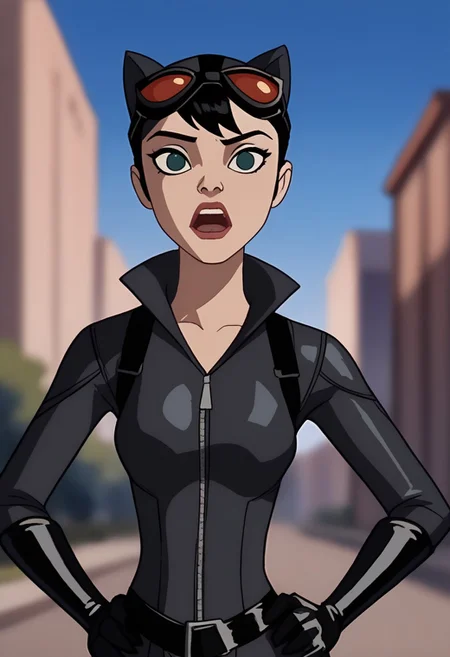Score_9, score_8_up, score_7_up, score_6_up, SpecStyle, <lora:SpecPony:1.1>, wide shot, animated Catwoman, black hair, teeth, looking at viewer, open mouth, blue sky, blurry background, building, blurry, parody, black eyes, 1girl, solo, outdoors, day, armor, upper body, female focus, hands on hips, bodysuit,