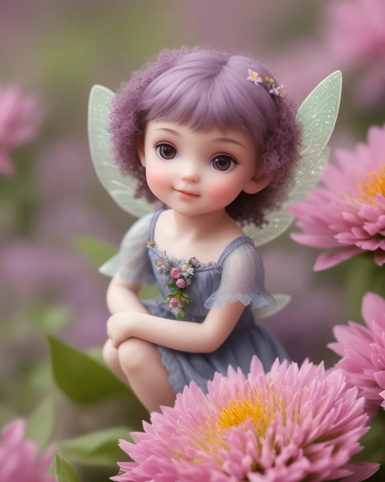 small fairy, plays on large tuberous, flowers in the background, high angel pov 120mm, macro shot, depth of field, soft front light, glow, HDR, (muted colors:1.2), Canon RF 100mm F2.8L Macro IS USM