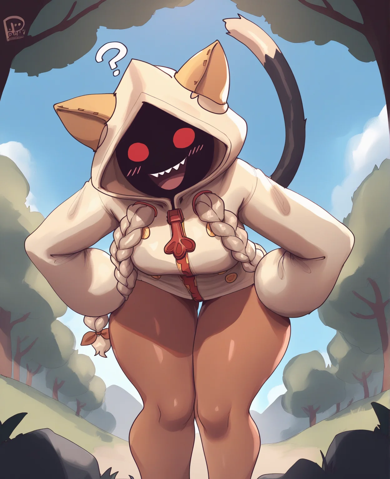 score_9, score_8_up, score_7_up, score_6_up, score_5_up, score_4_up, source_anime, fbk, bifp, gmjj, taokaka, animal humanoid, cat humanoid, felid, felid humanoid, feline, feline humanoid, humanoid, kaka \(blazblue\), mammal, mammal humanoid, bent over, blush, blush lines, braided hair, breasts, clothed, clothing, curvy figure, female, hair, hands on hips, hoodie, logo, open mouth, pigtails, question mark, red eyes, shadow face, solo, tail, talking to viewer, tan clothing, tan hoodie, tan topwear, thick thighs, topwear, twin braids, wide hips, zipper down, low-angle view, front view, detailed background, outside, hiking, nature, trail, outside, tree, looking at viewer, simple face, happy
<lora:taokaka_pdxl:1>